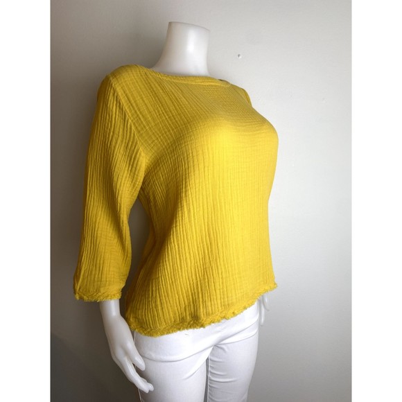 F. Eileen Fisher Organic Cotton Top L Yellow Blouse 3/4 Sleeve NWT $168 - Picture 3 of 11